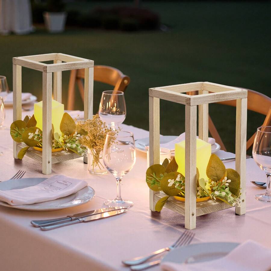 12 Set/36 Pcs Wooden Wedding Lantern Centerpiece, Includes 12 Wooden Lantern Candle Holder 12 Flameless LED Candle 12 Eucalyptus Leaves Wreath For Wedding Table Party Farmhouse Decor, White - 12 Set/36 Pcs White - 查看 1
