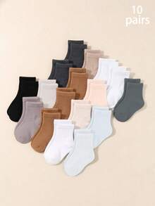 10 Pairs Baby Solid Color Khaki And Gray Mid-Calf Elastic Socks, Soft And Comfortable, Suitable For All Seasons - Multicolor - View 4