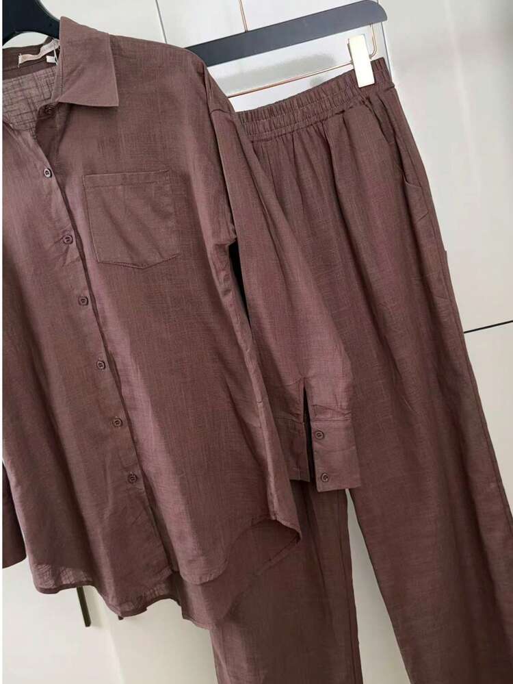 Linen Shirt And Pants Set (2 Pieces), Lined With Elastic. - Maroon - View 1