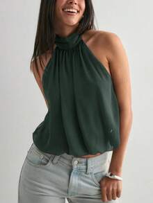 Women Cute Puffy Halterneck Top Sleeveless Open Back Tank Tops Fashion Button Neck Crop Tops Summer Y2K Loose Vest For Club Party Streetwear Going Out Outfit - Màu xanh lá cây đậm - Xem 2