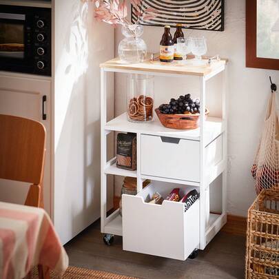 SoBuy Serving Trolley With Wheels, Rolling Cart With Drawers, Kitchen Trolley, Side Table, Wood With 3 Shelves, Metal Kitchen Shelf In A Modern Design For Kitchen & Household, 89x53x37cm, White/Natural, FKW111-WN