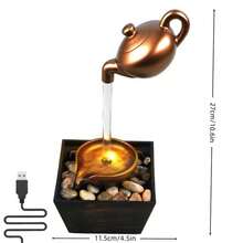 1-Piece USB-Powered Floating Teapot Tabletop Water Fountain – Dark Gold Gilded Design With LED Light & Pebble Landscape, Soothing Flow For Relaxation & Positive Energy, Ideal Housewarming Present & Minimalist Home Decor - 懸壺流水擺件 - 查看 7