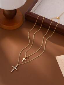 2pcs/Set Fashion Hip-Hop Micro-Inlaid Sparkling Zirconia Double Cross Pendant Necklace Set, Suitable For Girl's Daily And Casual Wear - Yellow Gold - View 1