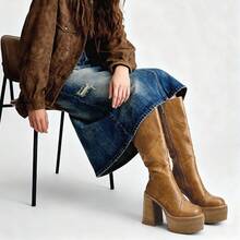 Knee High Platform For Women Chunky Round Toe High Heel Motorcycle Combat Punk Tall Boots With Side Zipper - 棕色 - 查看 2