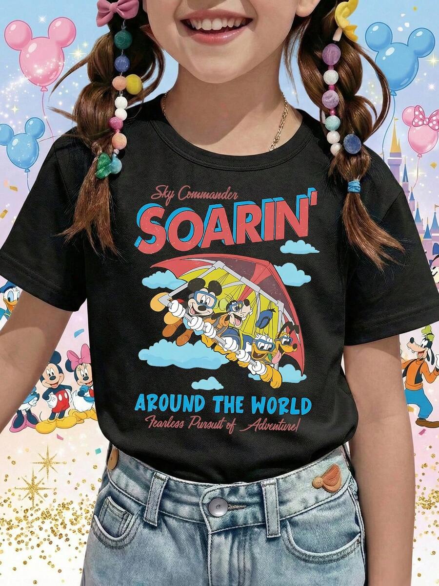 Disney Soarin Around The World Mickey Mouse Epcot Adventure Glider Printed Pattern T-Shirts For Girls - Children's Clothing Design Short-Sleeved Casual And Cute Style Comfortable And Casual Wear All Year Round Suitable For Parties And Play Machine Washable Gift Children's Clothing Girls' Short-Sleeved Shirts - 黑色 - 查看 1