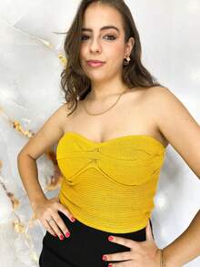 Top Cropped Corset Feminino Tomara que caia Tricot Modal Verão com Elástico Carnaval Colorido - Amarelo - Visão 5