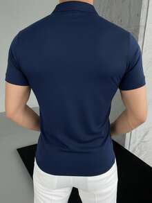 男士輕量夏季 Polo 衫，半拉鍊領口，短袖，時尚夏季穿搭必備 - 藏蓝色 - 查看 4