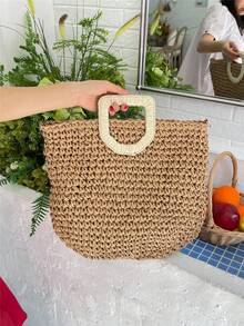 1pc Large Capacity Tote Bag, Fashion Shoulder Bag, Straw Woven Beach Bag, Suitable For Daily Use, Vacation - Khaki - View 2