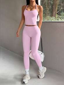 Bộ đồ thể thao nữ mùa hè màu trơn Aoqta Sports gồm áo croptop hai dây hở lưng và quần legging ôm sát cạp cao, trang phục đơn giản cơ bản phù hợp cho yoga, chạy bộ, tập thể dục, hoạt động ngoài trời và mặc hàng ngày. - Hồng - Xem 6