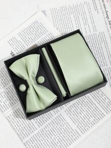 1 Set Men's Fashionable High-End Solid Mint Green Plaid Textured Necktie, Bow Tie, Handkerchief, Cufflinks Gift Box Set, Suitable For Banquet, Date, Business, School Suit Matching - Mint Green - View 10