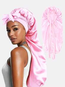 2 piezas Gorros de dormir de satén largos con cinta elástica para mujer, adecuados para uso diario - Multicolor - Ver 7