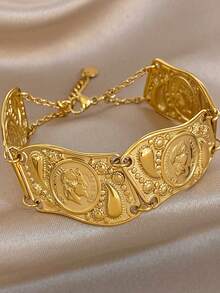 1件装奢华复古几何硬币徽章链手链，女士款，18K镀金不锈钢材质，适合情人节、派对、晚宴、日常佩戴、约会、舞会、新年、母亲节、海滩、圣诞节、周年纪念日等场合，优雅妈妈礼物，波西米亚风饰品，生日伴娘礼物 - 彩色 - 查看 1