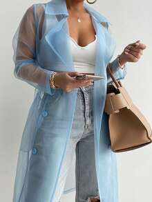 ChicMe 女士透视网纱长袖系带纽扣长款风衣，户外服装 - 薄荷藍 - 查看 3