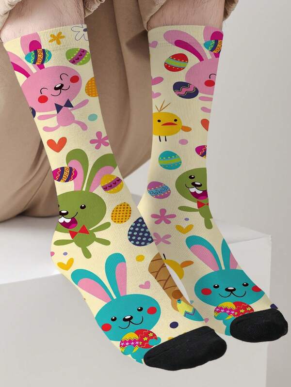 1 Pair Easter Bunny & Egg Pattern Women's Mid-Calf Socks, Creative Gift Socks With 360 Degree Printing