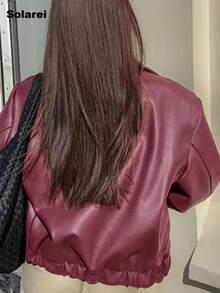Solarei Women's Loose Casual Faux Leather Jacket, Regular Fit, Autumn/Winter✨ BEST SELLER! Slouchy Cropped Zip-Up Jacket | Cool Girl Aesthetic Fall Outerwear | Must-Have Layering Piece #CoolGirlVibes #CroppedJacket #FallOuterwear #LayeringEssential Valentine Outfits For Women - 紅色 - 查看 3