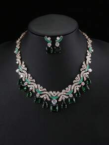 Bộ 3 món trang sức cao cấp bằng đồng khảm đá Cubic Zirconia, gồm dây chuyền và bông tai, thích hợp cho tiệc cưới, phối cùng váy cưới và váy dạ hội, làm quà tặng ngày lễ và sinh nhật. - Phong cách trang sức - Xem 6