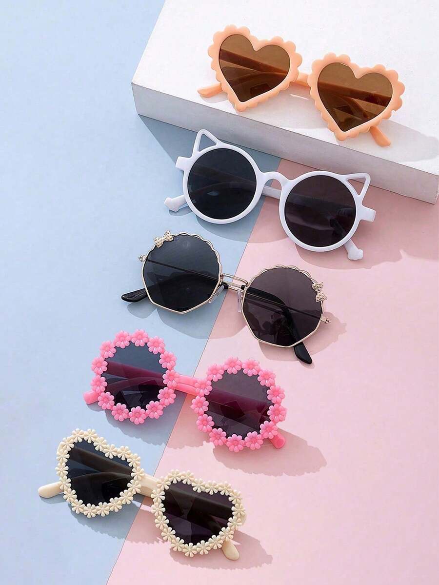 5 Pairs Fashion Kids Glasses Set, Cute Daisy Style Casual Glasses, Fresh Daisy Themed Glasses, Cat Ear Glasses - Ideal For Beach And Seaside Photo Props - Multicolor - View 1