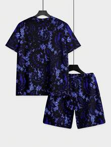 2-Piece Fresh & Bright Knit Fabric Set, Exquisite & Rich, For Men's Coastal Vacations, Summer Royal Blue Full-Print Pattern Short Sleeve & Beach Shorts Set - 彩色 - 查看 5