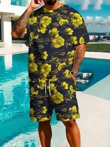 2-Piece Retro Fresh Knitted Fabric Full Rich Men's Holiday Trips Summer Black Base Yellow Floral Pattern Short Sleeve Beach Shorts Set - 彩色 - 查看 2