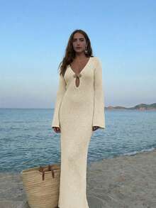 Women's Summer Beach Bohemian Vacation Style Shell Shaped Metal Buckle Deep V-Neck Hollow Out Flare Sleeve Fitted Bodycon Dress Sexy Vacation Cover Up - Apricot - View 3