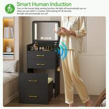 3 In 1 Vanity Desk With Flip Up Mirror And Lights, Glass Top Makeup Vanity Table With Charging Station,LED Compact Dressing Table With 3 Drawer And Wheel Storage Stool For Bedroom(Black) - View 9