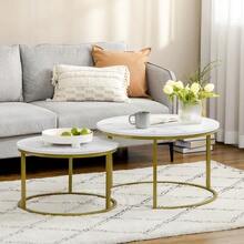 Set Of 2 Round Coffee Tables, With Gold Steel Frame, Stackable, Marble Look, For Living Room, Maximum Load 30 Kg, White. - White - View 2