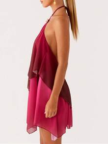 Women Ruffle Halter Neck Mini Dress Sheer Mesh Layered Open Back Dress Y2K Tiered Tie Back Going Out Dresses - 玫紅色 - 查看 2