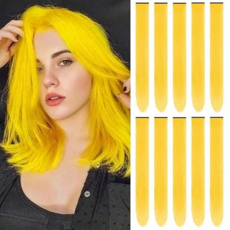 Extennes De Cab De Colores De 22" Extennes De Cab Sintético Con Clip Multicolor Para Fiestas Postizos De Color Para Fiestas Para Niñas Y Mujeres Regalo De Cosplay 10 Piezas A - Amarillo - Ver 1