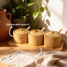 Salero de bambú con mini cuchara, caja de sal de cocina con tapa hermética, recipiente de sal redondo para almacenar pimienta, especias, sales de baño, sal marina, perfecto para mujeres - color bambú - Ver 12