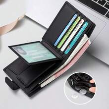 Unisex Solid Color Genuine Leather Wallet, Multi-Function Card Holder, Tri-Fold Credit Card Case With Snap Button And Zipper Coin Purse - Black - View 6