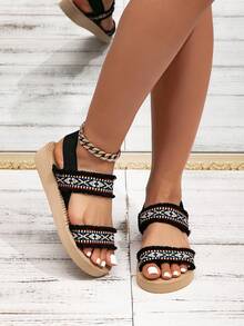 Women's Fashion Sandals, New Spring/Summer Woven Strap Elastic Bohemian Style Black Flat Shoes - Camel - View 5