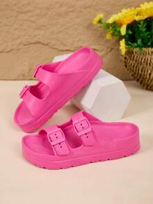 新款时尚厚底增高EVA防滑通勤稳定柔软舒适轻便女式凉鞋，可调节双绑带，高端沙滩派对度假休闲减震拖鞋 - 玫紅色 - 查看 2