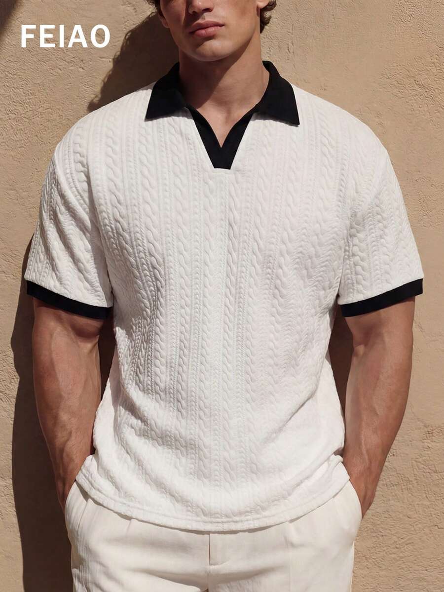 FEIAO 男士复古硬币图案纯色针织纹理经典黑白撞色海鸥领 Polo 衫，舒适亲肤，四季皆宜的百搭休闲必备单品 - 黑與白 - 查看 1