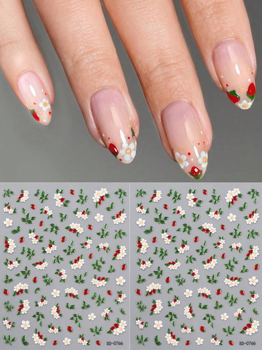 2片/1片 5D果冻花卉美甲贴纸 - Y2K风格，5D浮雕白色花叶美甲用品，适用于情人节、婚礼、新年、圣帕特里克节 - 自粘式春夏美甲贴纸装饰，女士美甲饰品配件，美甲贴纸
