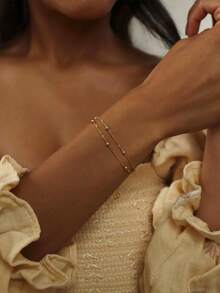 1pc Minimalist Women Bracelet, Double Layer Metal Wave Chain Copper Bead Bracelet (Random Bead Quantity) - W-s110 Bracelet - View 5