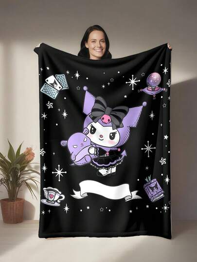 Sanrio Kuromi Theme Flannel Blanket, Black Dominant Color With Cute Cartoon Kuromi Figures, Sweet And Cool Style, Decorative And Practical, Can Be Used As Gift Or Daily Home Warming Item, Suitable For Sofa, Bedroom, Camping, Travel, Practical And Commemorative.