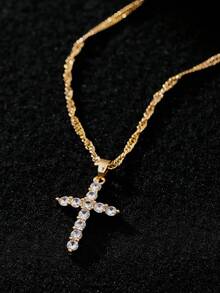 1 chiếc mặt dây chuyền hình thánh giá bằng đồng đính đá Cubic Zirconia sáng bóng, họa tiết sóng xoắn. - Vàng - Xem 6