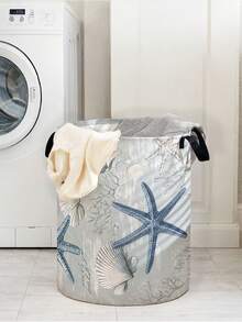 1 件大容量可折叠圆形贝壳和海星印花收纳篮带手柄，多用途洗衣篮，浴室，卧室收纳，玩具收纳，可折叠脏衣篮洗衣篮，篮子 - 彩色 - 查看 9