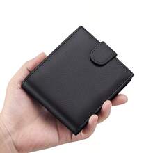 Unisex Solid Color Genuine Leather Wallet, Multi-Function Card Holder, Tri-Fold Credit Card Case With Snap Button And Zipper Coin Purse - Black - View 4
