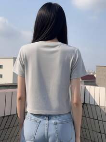 2025新款宽松加州印花短袖T恤，女士夏季休闲轻薄圆领T恤，带肩带，浅灰色 - 淺灰色 - 查看 3