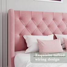Full Bed Frame With Velvet Button-Tufted Headboard , Upholstered Bed Frames, Soft Fabric, Button Tufted Headboard With Windback, Curved Wingback Design,  Queen Bed Frame/ King Bed Frame/ Full Size Bed Frame, Pink/ White/ Grey - 粉色 - 查看 5