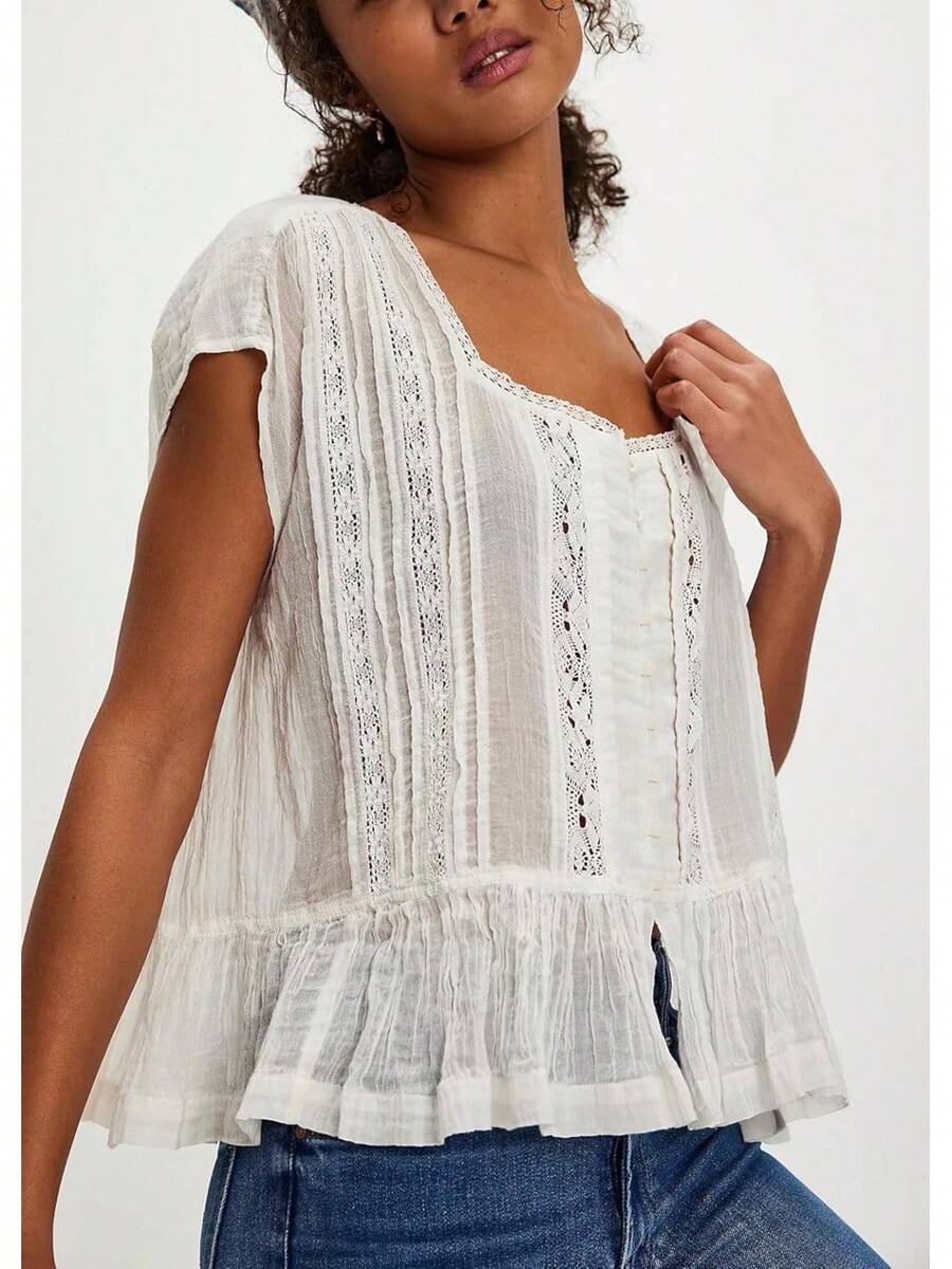 Women Lace Flowy Peplum Tops Boho Bow Tie Front Western Shirts Beach Sheer Ruffle Trim Short Sleeve Peasant Blouse - D#白 - 查看 1