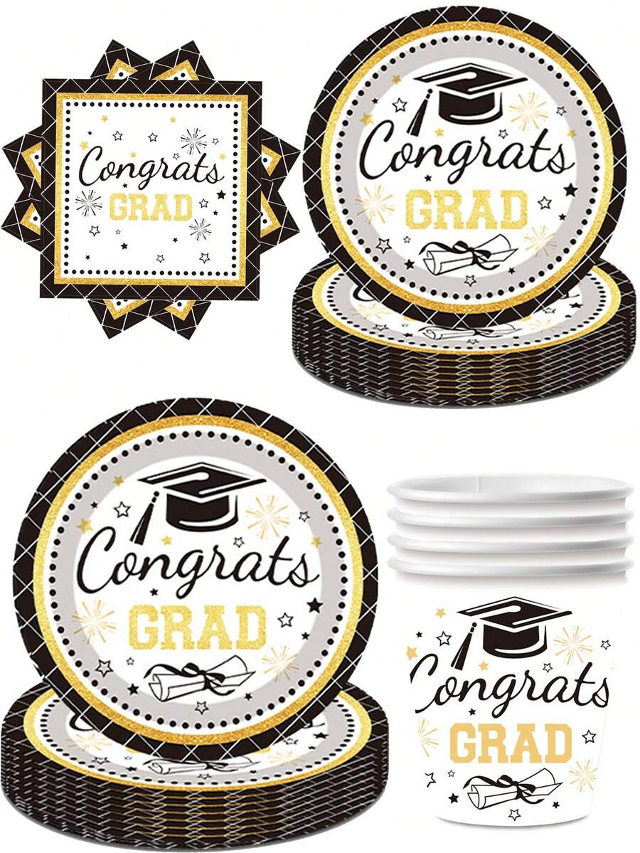 10pcs Black & Gold Graduation Theme Party Tableware Set, Including Paper Plates, Cups, Napkins & Decorations, Suitable For Graduation Trip And Birthday Party - Multicolor - View 1