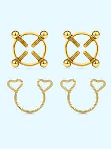 2对不锈钢可调节夹式耳环，简约心形仿乳环，女士身体饰品 - Fake Nipple Ring - 查看 5