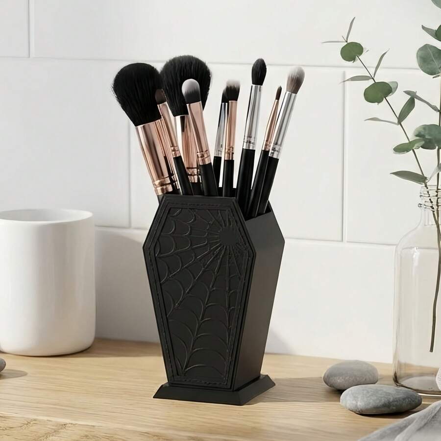 Spider Web Makeup Brush Holder Organizer, Coffin Shaped Gothic Cosmetic Brush Storage Cup, Desktop Pen Pencil Holder, Vanity Decor, Pink/Black - 彩色 - 查看 1
