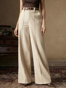 Women's Cream-Colored Wide Leg Pants, Made Of Textured Woven Fabric Spring - Apricot - View 2
