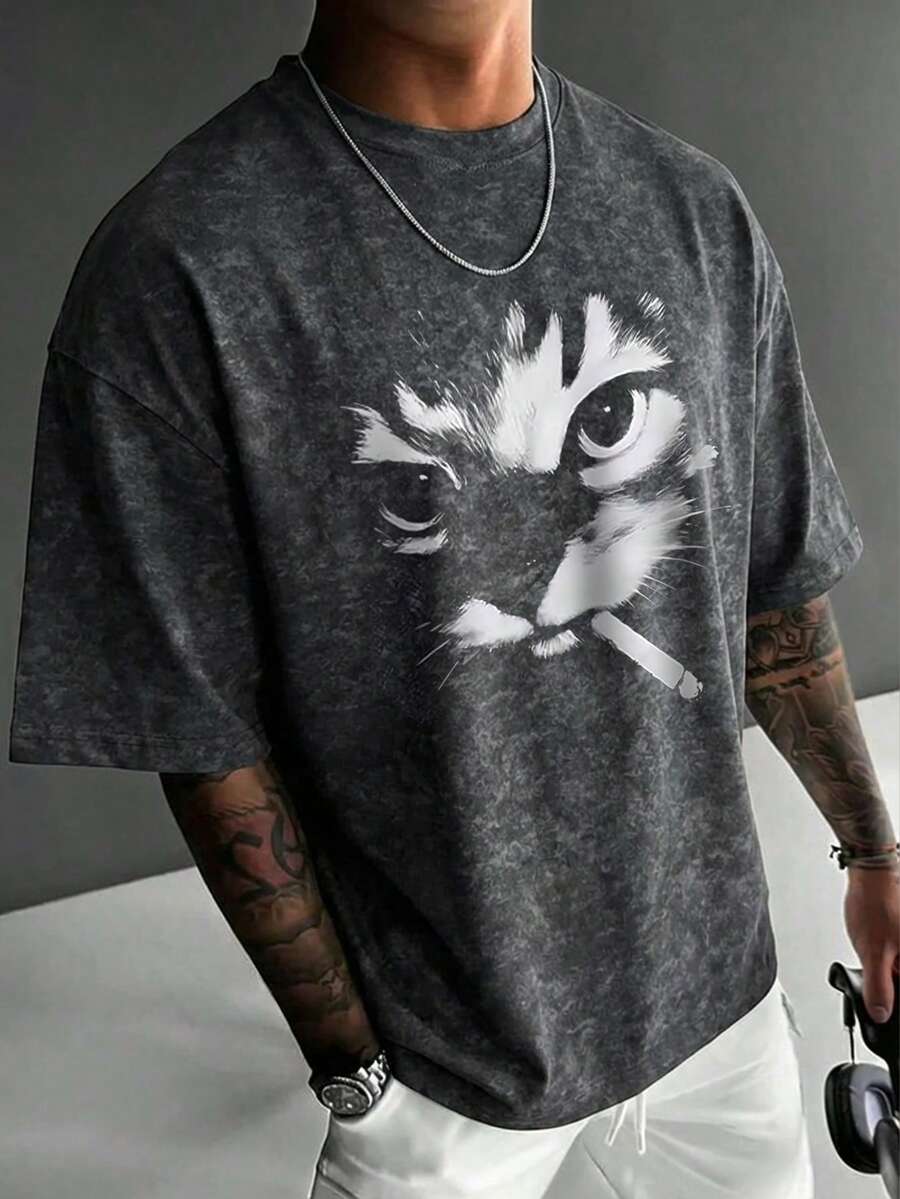 Men's Fashionable Versatile Funny Cat & Snowflake Print Round Neck T-Shirt, Summer - Dark Grey - View 1