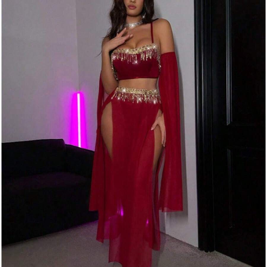1piece Alluring See-Through Chemise With A Provocative Side Slit And Delicate Mesh Fabric, Crafted To Deliver A Perfect Blend Of Elegance And Sensuality For Themed Parties And Romantic Occasions - Màu Đỏ Sâu - Xem 1