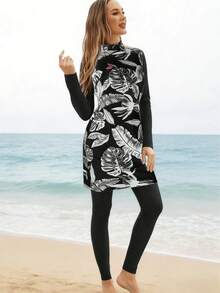 VFJ 热带植物印花穆斯林女性伊斯兰头巾保守风格布基尼泳装度假 - 黑色 - 查看 7