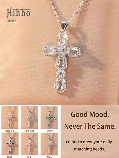 1pc Multi-Color Zirconia Cross Pendant Necklace, Women's Fully Paved Zirconia Niche Elegant Hip-Hop Style Necklace, Versatile For Daily Wear, Gift For Girlfriend/Best Friend, Holiday